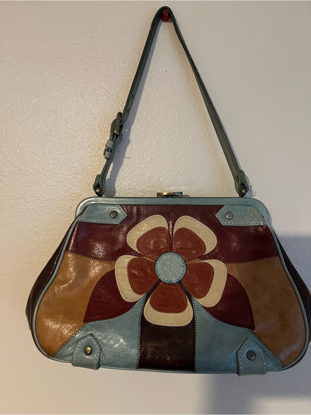 Isabella Fiore Multicolor Patchwork Flower Shoulder Bag in Blue, Tan & Burgundy